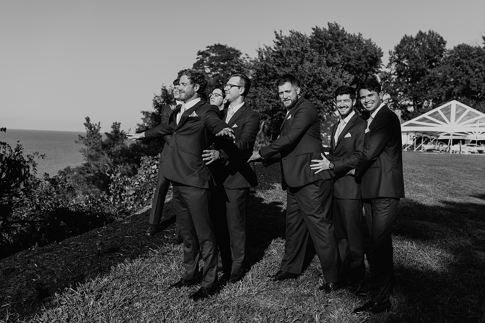 lakefront wedding, groomsmen