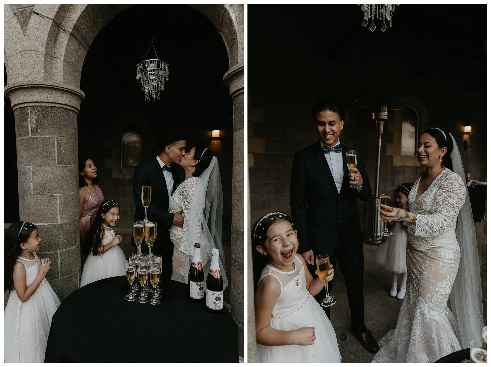 family wedding photos; champagne tower; sparkling cider tower