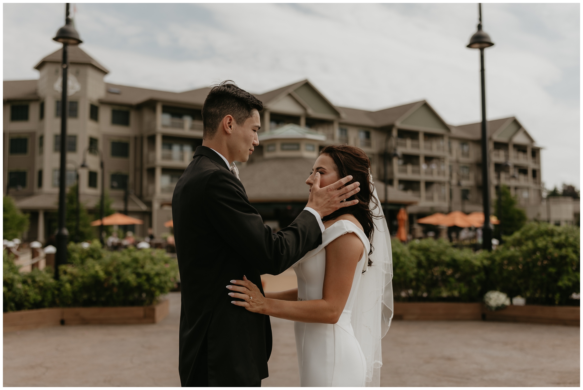 wedding day first look at Lake Chautauqua Harbor Hotel, New York