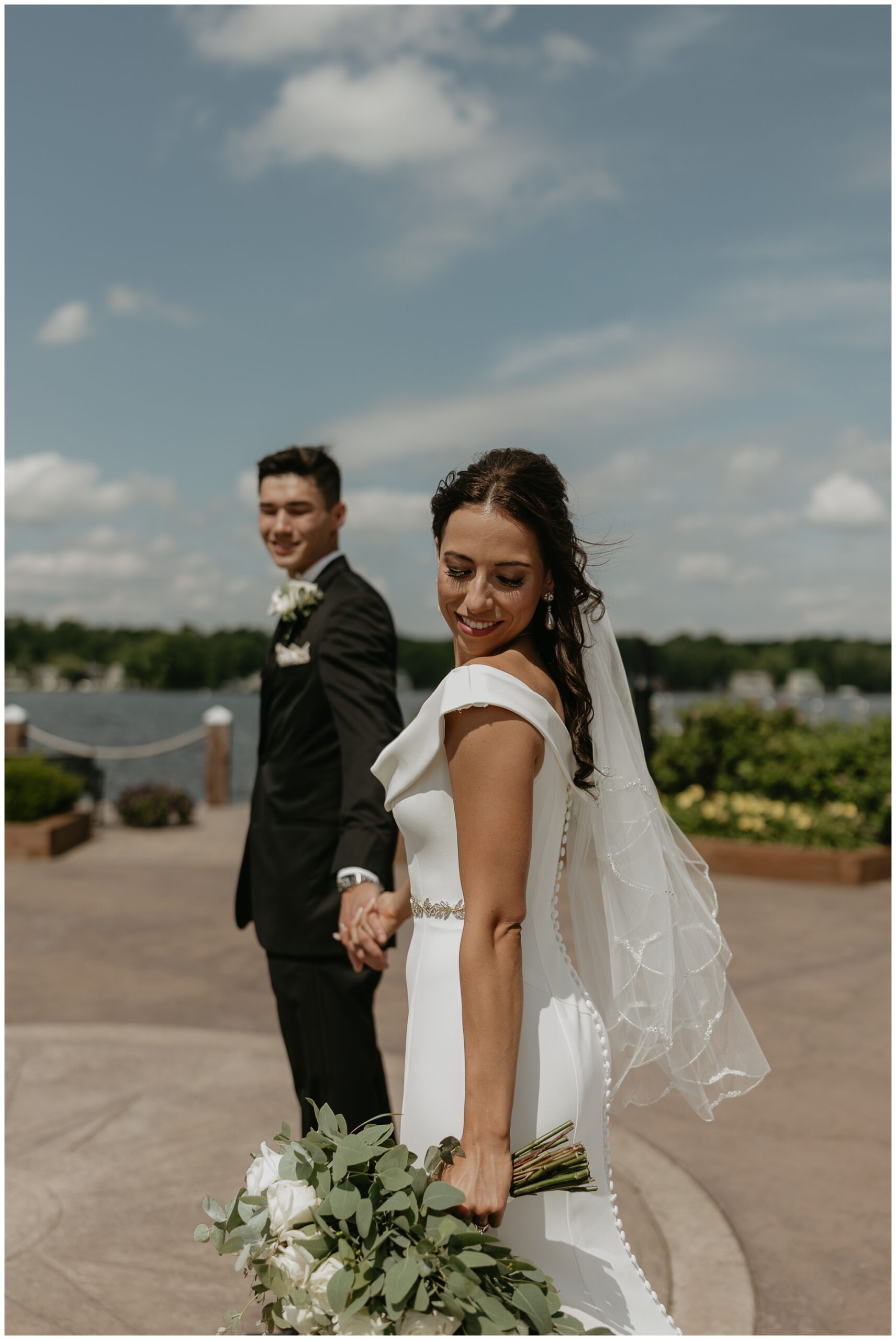 wedding day first look at Lake Chautauqua Harbor Hotel, New York