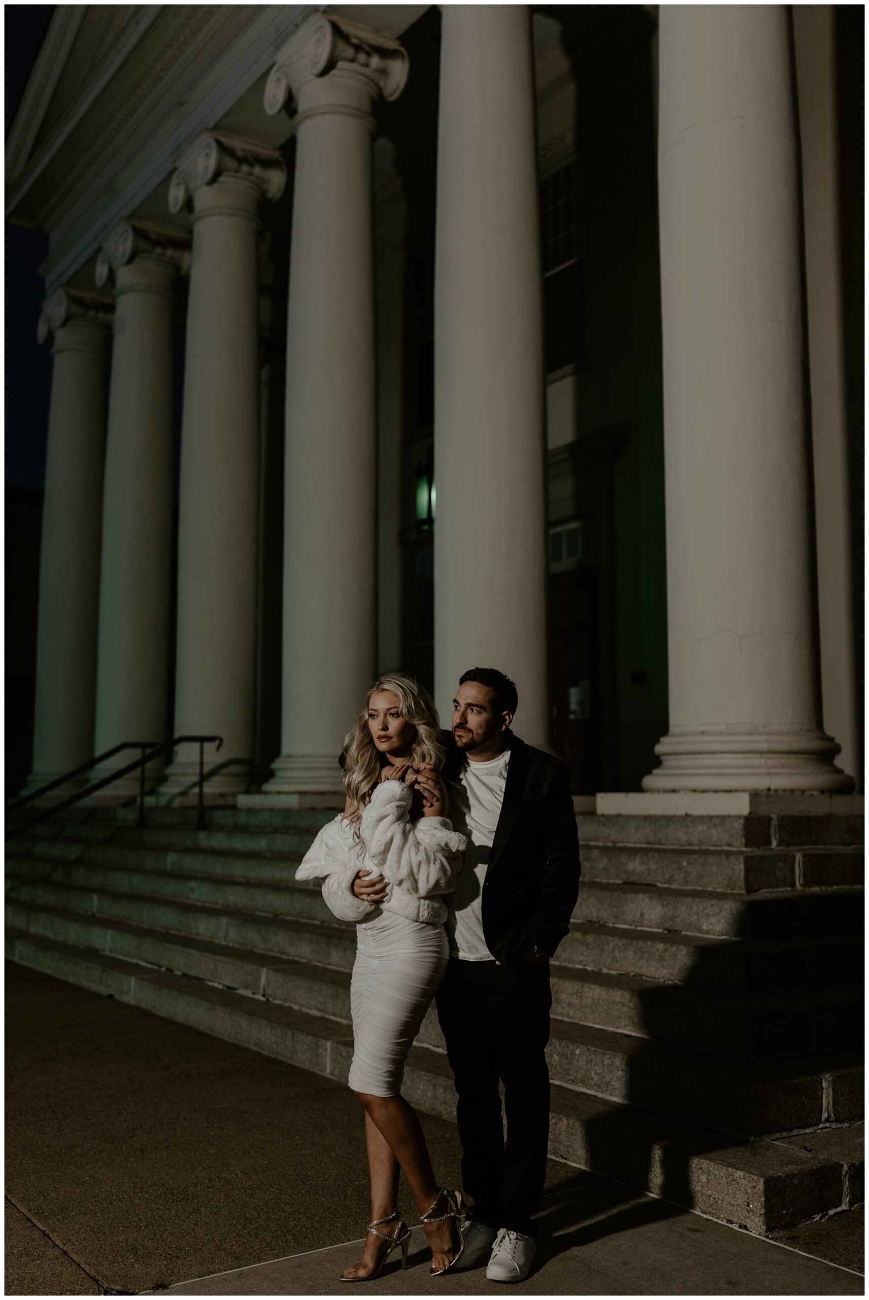 flash photography engagement photos at the courthouse