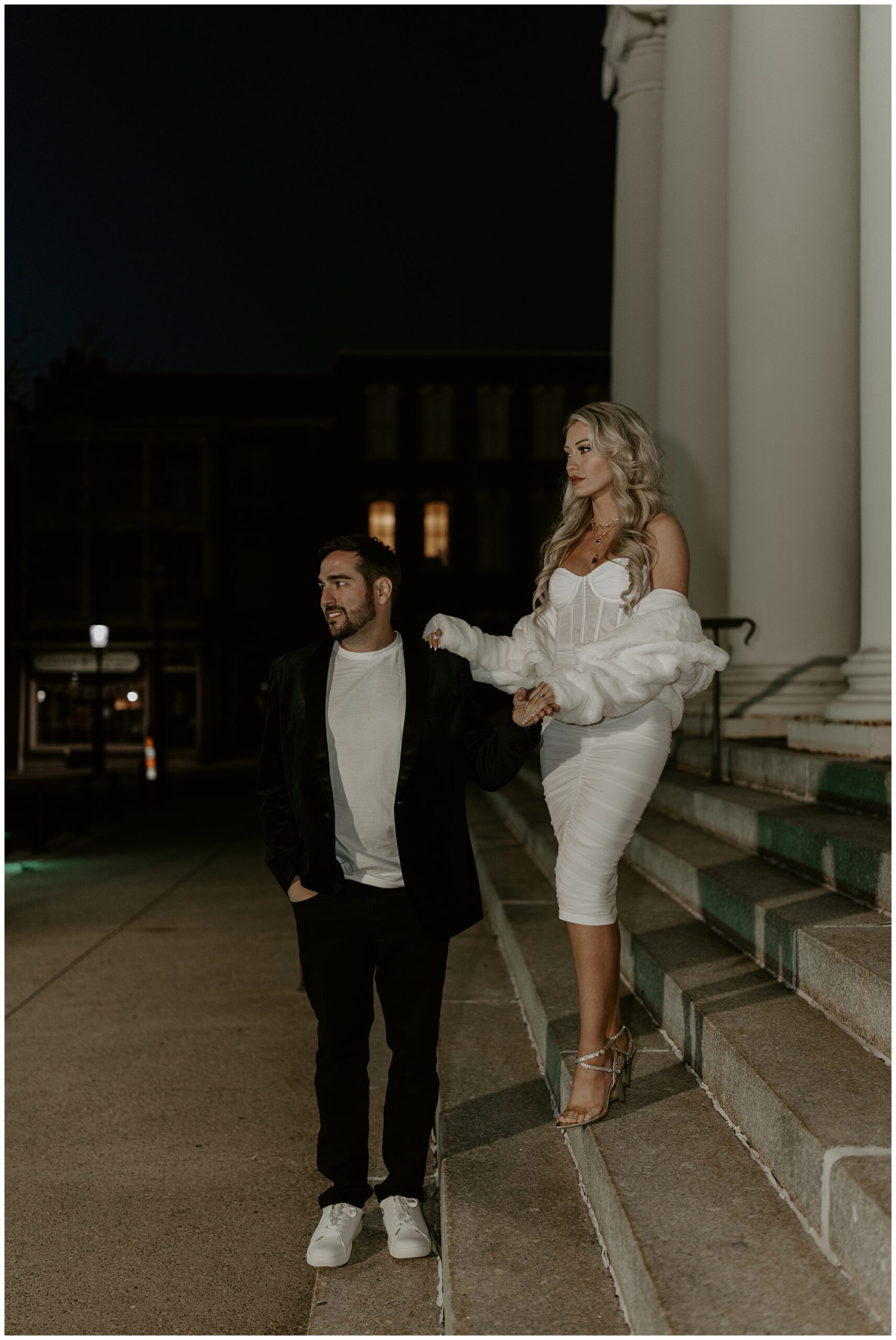 flash photography engagement photos at the courthouse